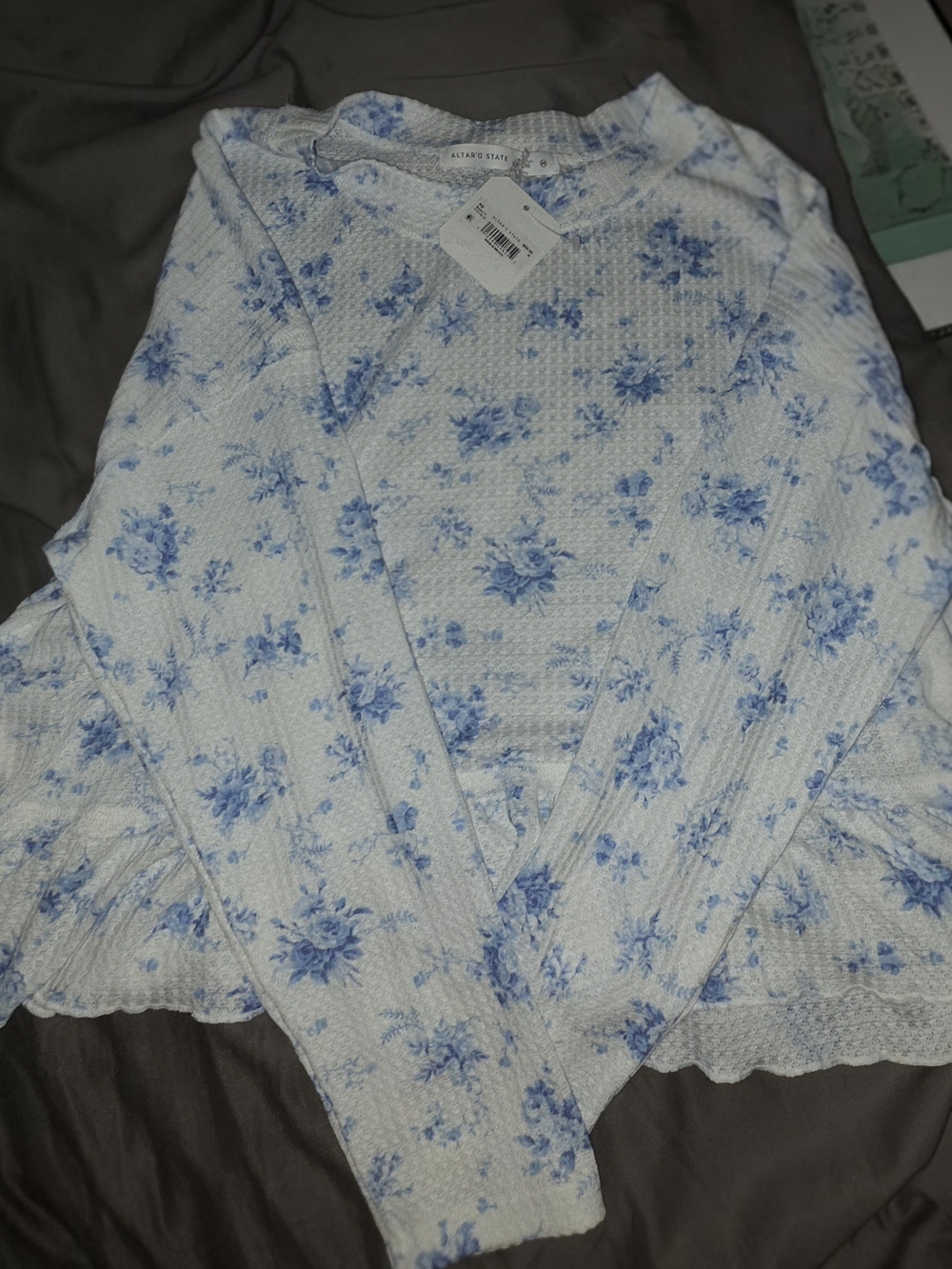 Altar'd State White Floral Long Sleeve Blouse with Blue Print